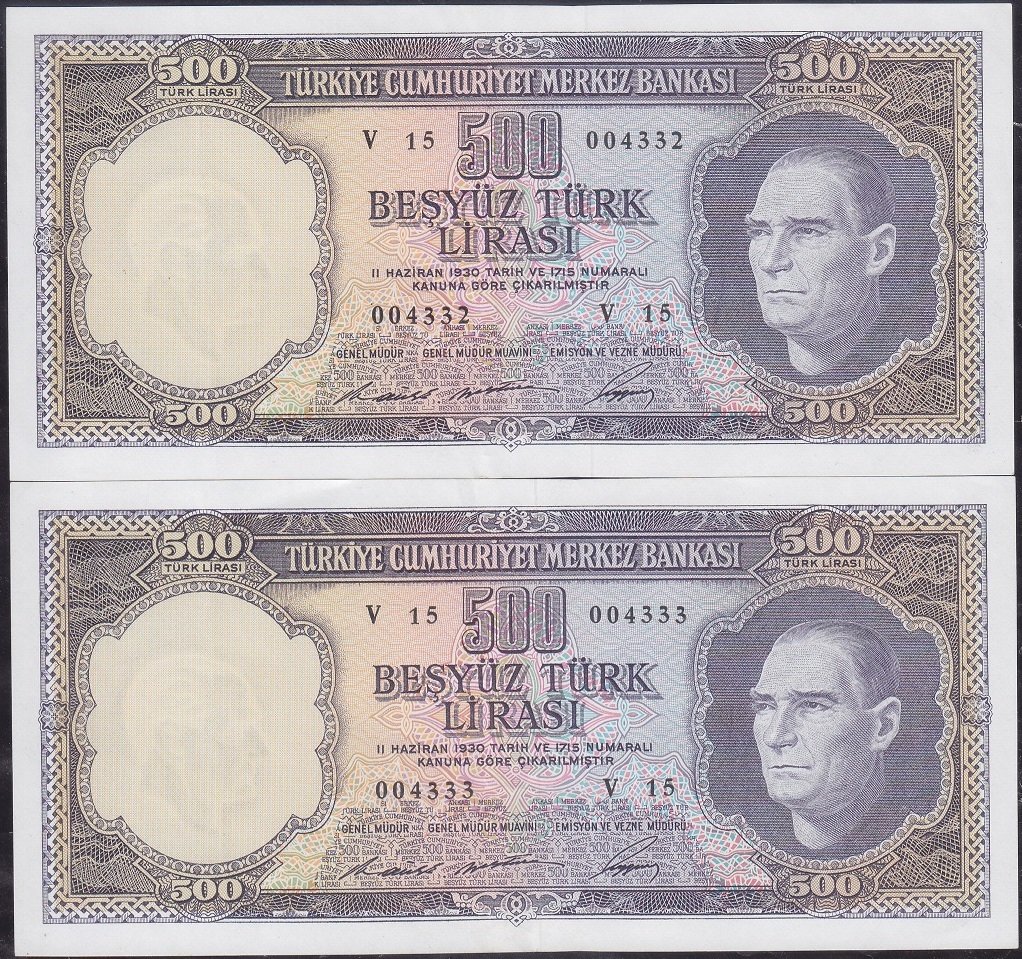 5.Emisyon 4.Tertip 500 Lira V15 004332-33 Seri Takipli