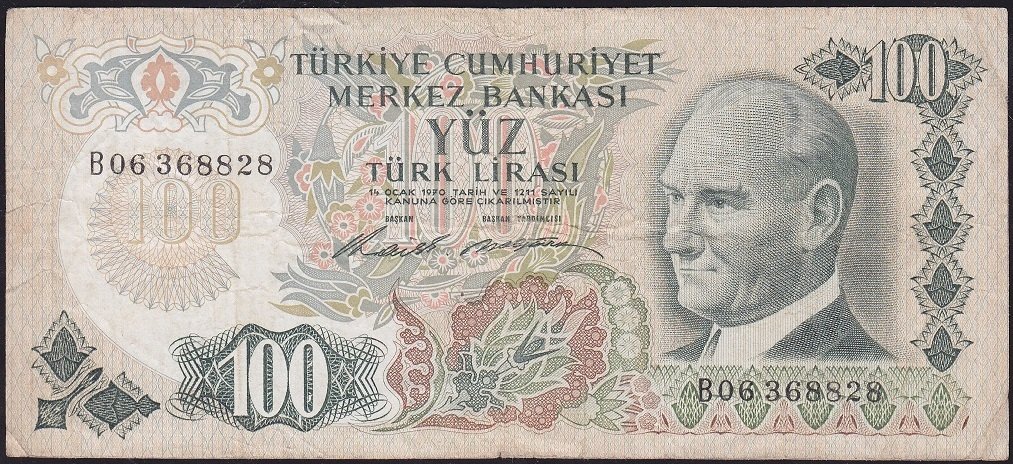 6.Emisyon 1.Tertip 100 Lira B06 368828 Çok Temiz