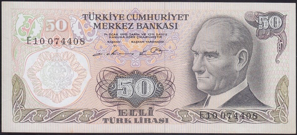 6.EMİSYON 1.TERTİP 50 LİRA E10 074408 ÇÇT eski para