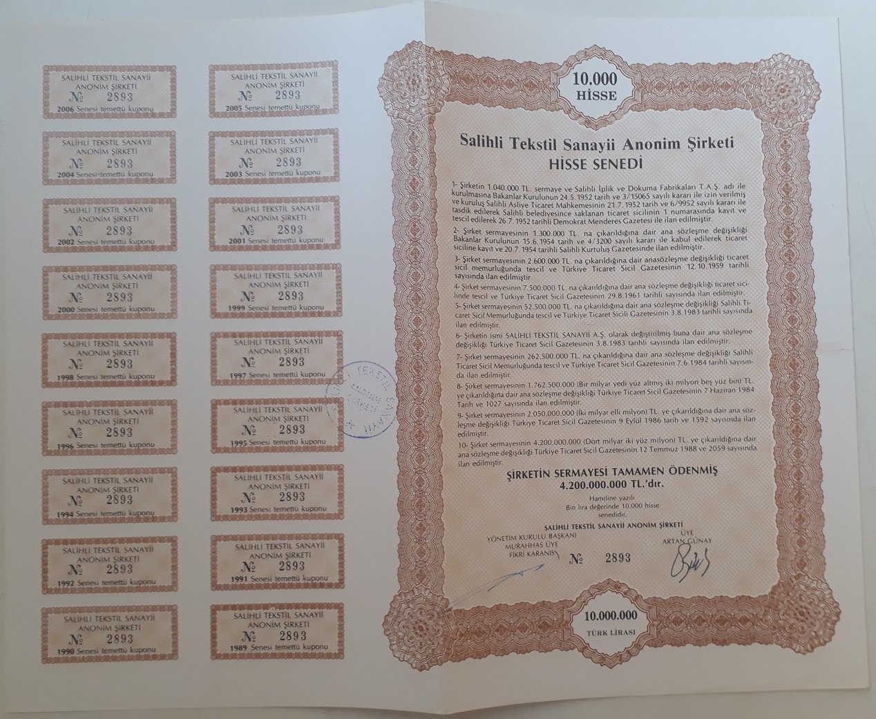 SALİHLİ TEKSTİL HİSSE SENEDİ 10 MİLYON LİRA HALİYLE