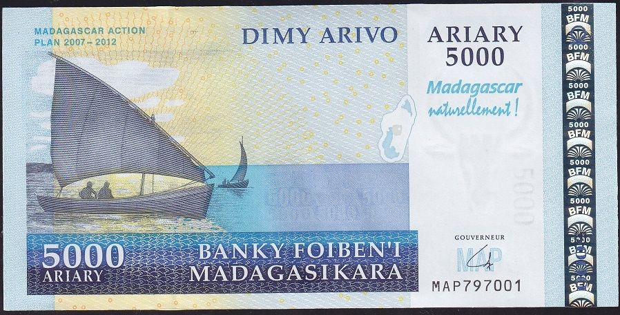 Madagaskar 5000 Ariary 2007 - 2012 Çilaltı Çil Hatıra Pick 94 ( Baskı izleri var )
