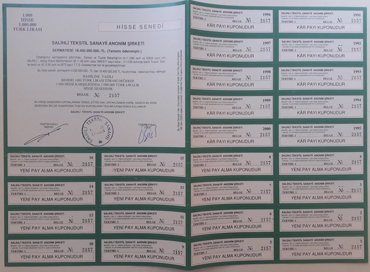 SALİHLİ TEKSTİL HİSSE SENEDİ 1 MİLYON LİRA HALİYLE