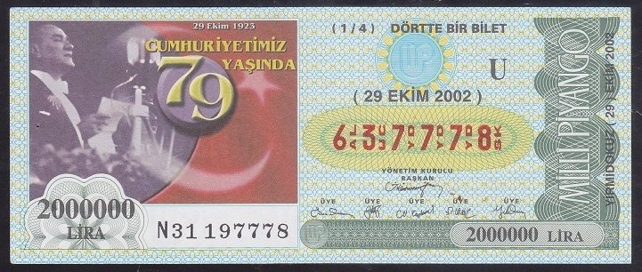 2002 29 EKİM ÇEYREK BİLET U SERİSİ