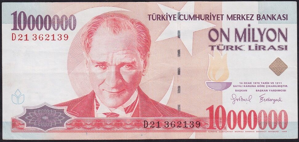 7.Emisyon 10000000 Lira D21 362139 Çok Temiz+