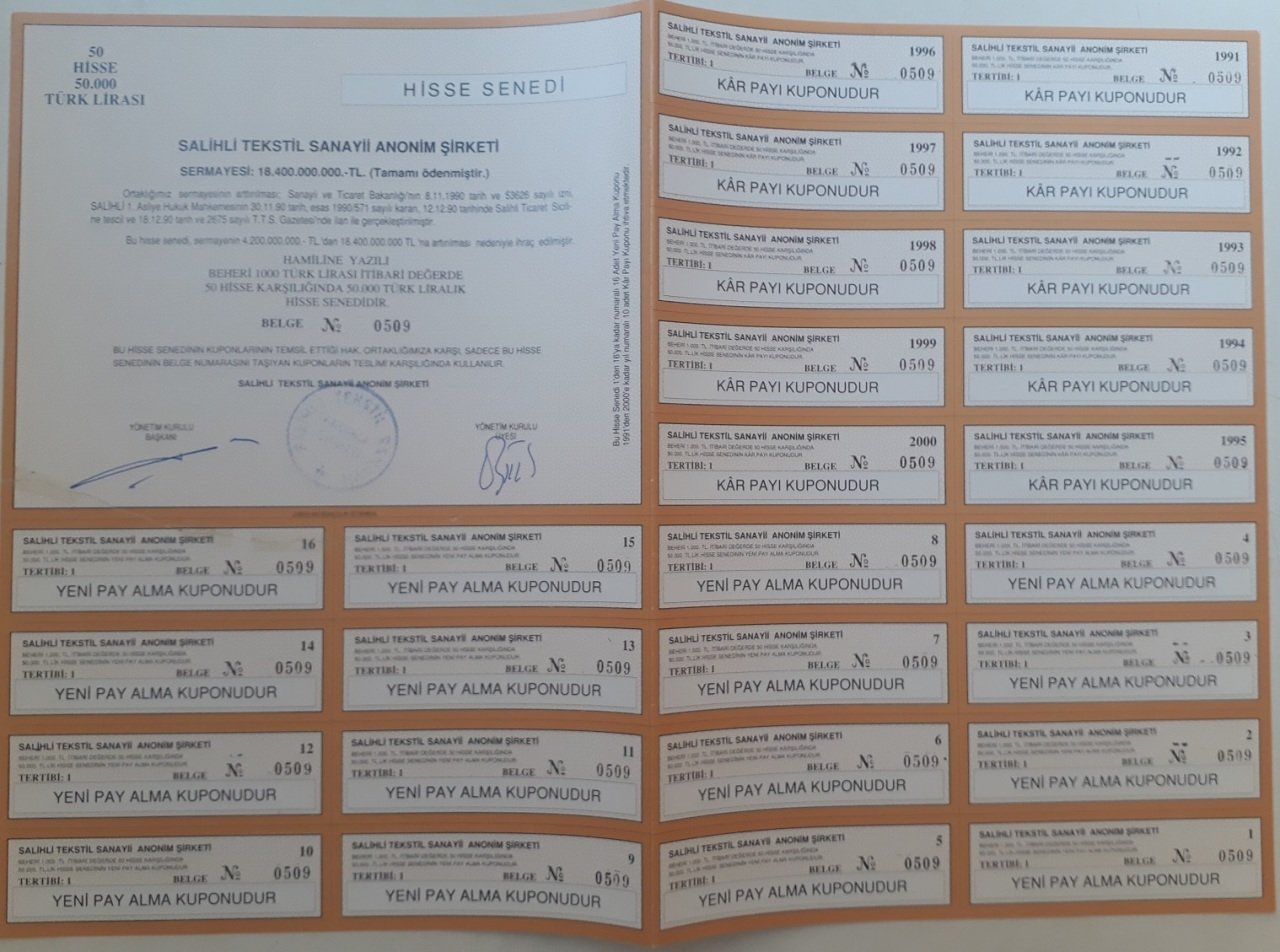 SALİHLİ TEKSTİL HİSSE SENEDİ 50000 LİRA HALİYLE eski para fiyatları
