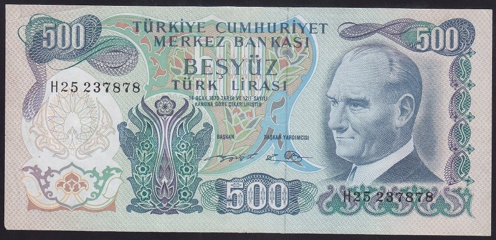 6.EMİSYON 2.TERTİP 500 LİRA H25 237878 ÇOK TEMİZ ( İŞLEMLİ )
