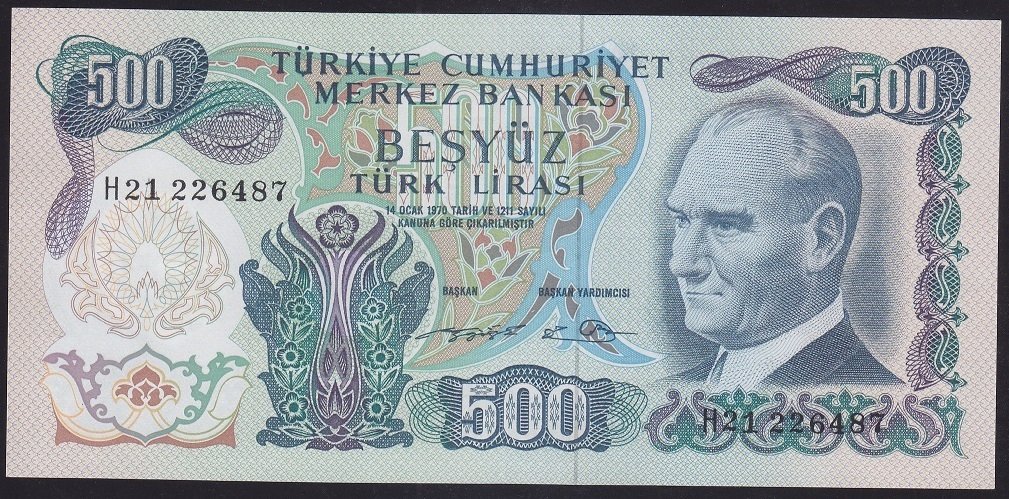 6.EMİSYON 2.TERTİP 500 LİRA H21 226487 ÇOK ÇOK TEMİZ + ( DÜZLENMİŞ )