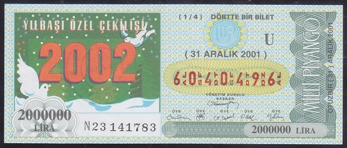 2001 31 ARALIK ÇEYREK BİLET U SERİSİ