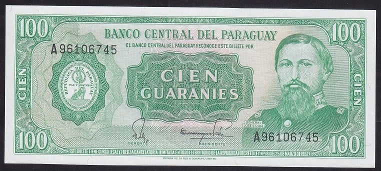 Paraguay 100 Guaraines 1952 Çil Pick 205