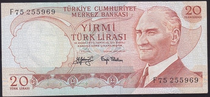 6.EMİSYON 3.TERTİP 20 LİRA F75 255969 ÇOK TEMİZ +