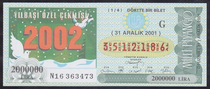 2001 31 ARALIK ÇEYREK BİLET G SERİSİ