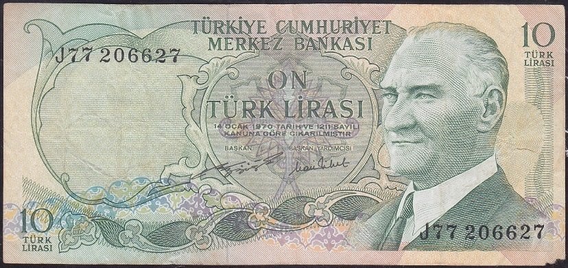 6.Emisyon 2.Tertip 10 Lira J77 206627 Temiz