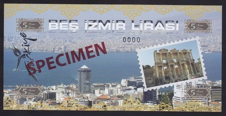 ÖZEL BASKI 5 İZMİR LİRASI - HOLOGRAMLI - EMNİYET ŞERİTLİ - SPECİMEN