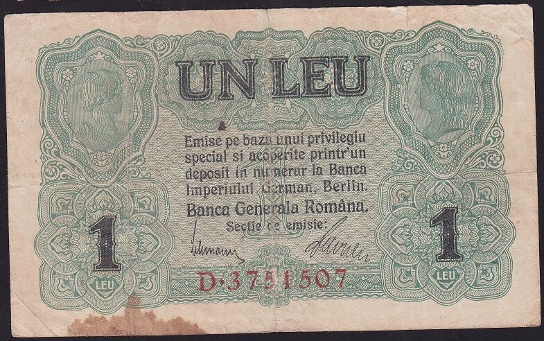 Romanya 1 Leu 1917 Çok Temiz Pick 3 - Alman İşgali