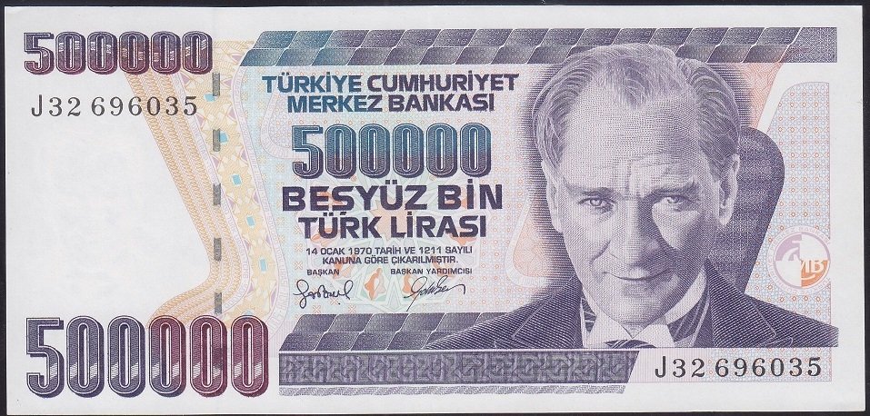 7.Emisyon 4.Tertip 500000 Lira J32 696035 Çilaltı
