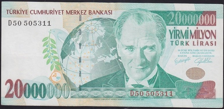 7.EMİSYON 20 000 000 LİRA D50 505311 ÇOK TEMİZ +
