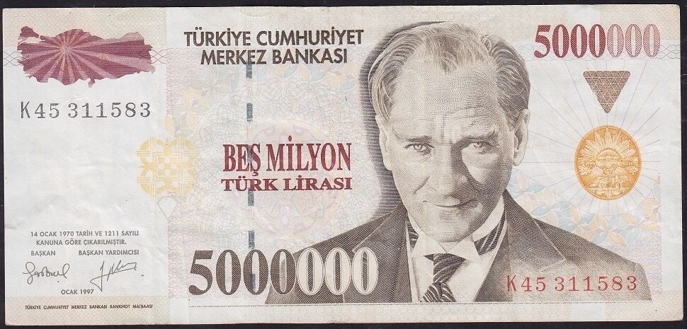 7.Emisyon 5.000.000 Lira K45 311583 Çok Temiz+