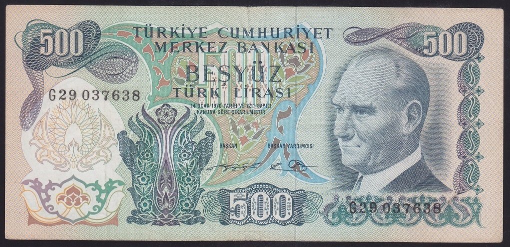 6.EMİSYON 2.TERTİP 500 LİRA G29 037638 ÇOK TEMİZ
