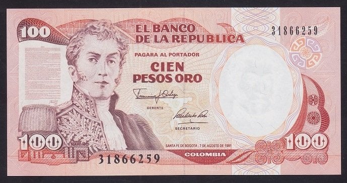 Kolombiya 100 Pesos 7 ağustos 1991 Çil Pick 426e