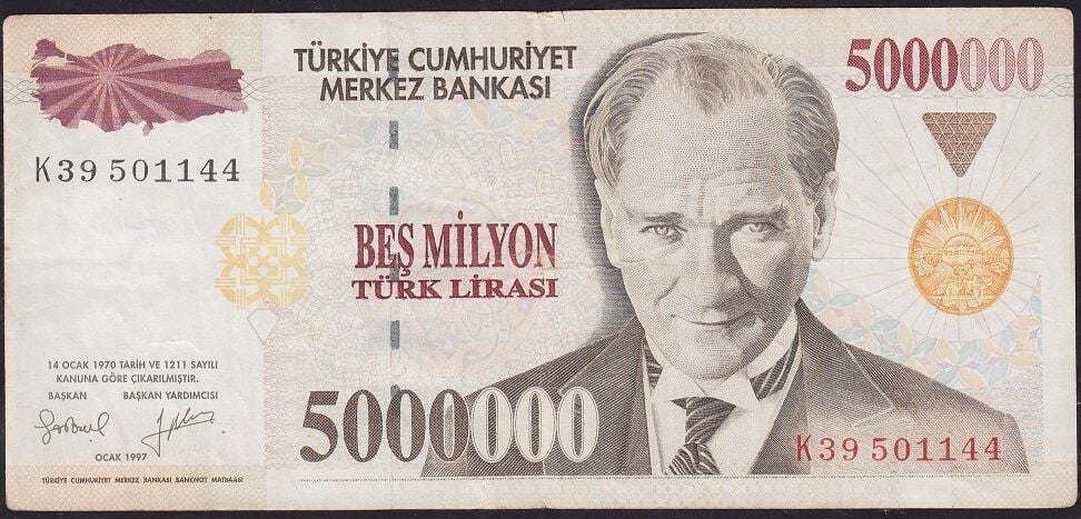 7.Emisyon 5000000 Lira K39 501144 Çok Temiz+