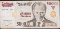 7.Emisyon 5000000 Lira K39 501144 Çok Temiz+