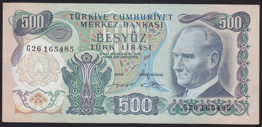 6.EMİSYON 2.TERTİP 500 LİRA G26 165485 ÇOK ÇOK TEMİZ ( DÜZLENMİŞ )