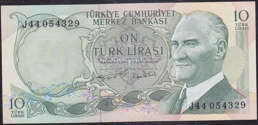 6.Emisyon 2.Tertip 10 Lira J44 054329 Çilaltı