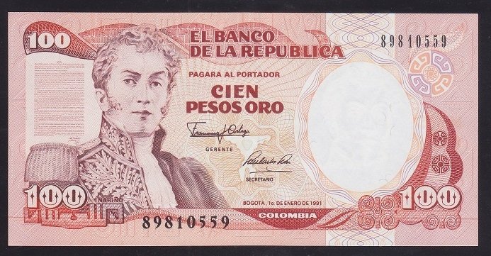 Kolombiya 100 Pesos 1 Ocak 1991 Çil Pick 426e