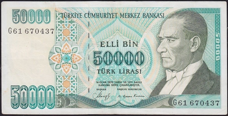 7.Emisyon 1.Tertip 50000 Lira G61 670437 Çok Temiz+