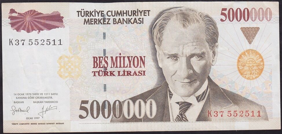 7.Emisyon 5000000 Lira K37 552511 Çok Temiz+