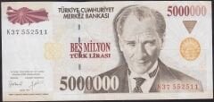 7.Emisyon 5000000 Lira K37 552511 Çok Temiz+