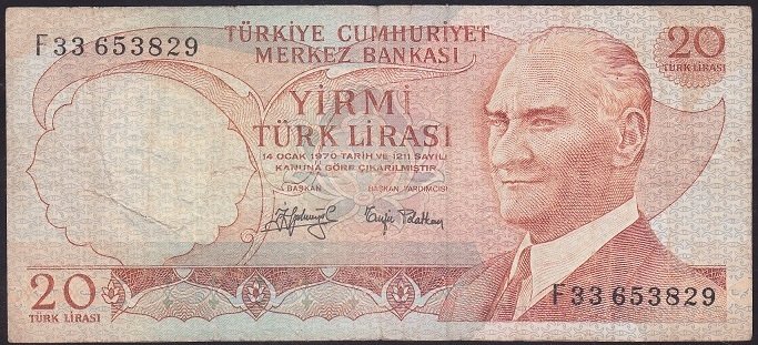 6.EMİSYON 3.TERTİP 20 LİRA F33 653829 TEMİZ
