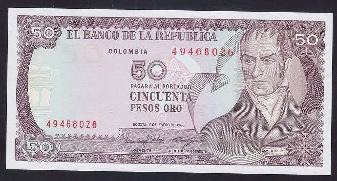 Kolombiya 50 Pesos Oro 1986 Çil Pick 425b