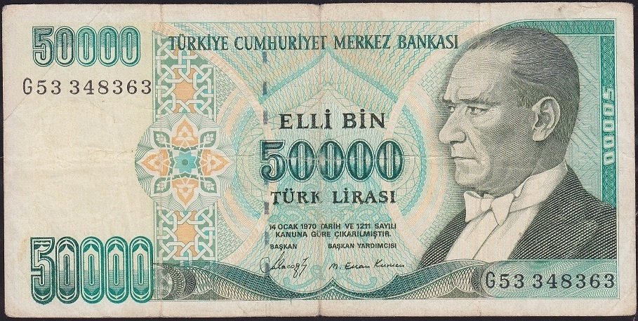 7.Emisyon 1.Tertip 50000 Lira G53 348363 Temiz