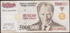 7.Emisyon 5000000 Lira K36 364089 Çok Temiz