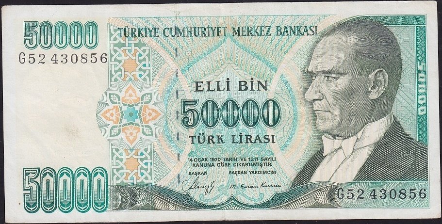 7.Emisyon 1.Tertip 50000 Lira G52 430856 Çok Temiz+