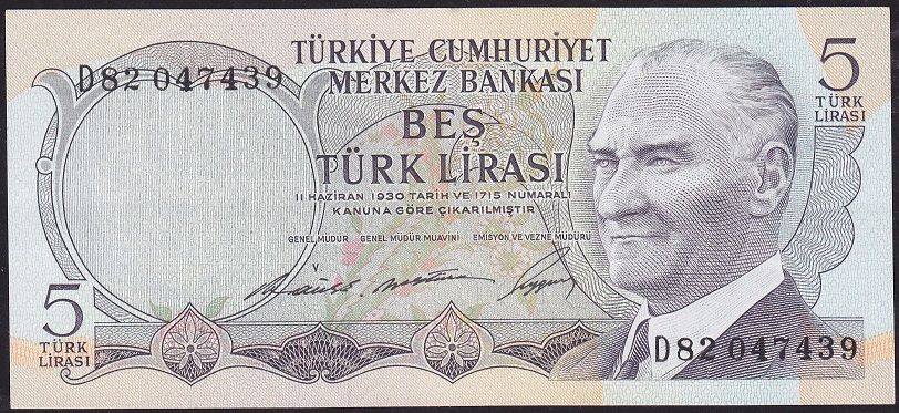 6.Emisyon 1.Tertip 5 Lira D82 047439 Ççt Çilaltı