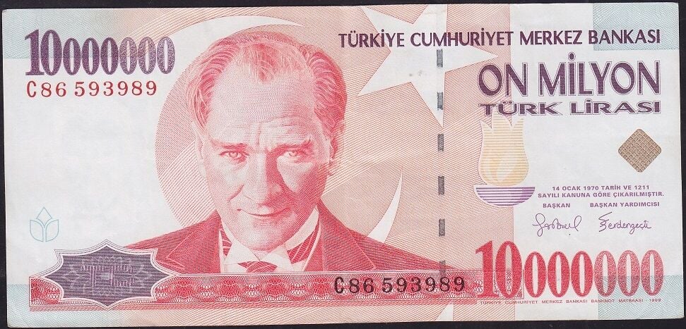 7.Emisyon 10.000.000 Lira C86 593989 Çok Temiz+