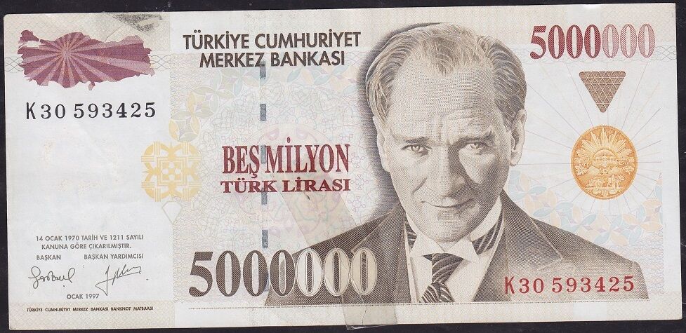 7.Emisyon 5000000 Lira K30 593425 Haliyle ( Bant Kullanılmış )
