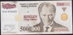 7.Emisyon 5000000 Lira K30 593425 Haliyle ( Bant Kullanılmış )
