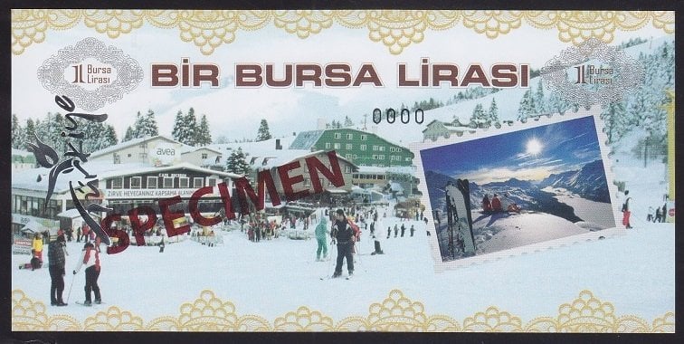 ÖZEL BASKI 1 BURSA LİRASI - HOLOGRAMLI - EMNİYET ŞERİTLİ - SPECİMEN