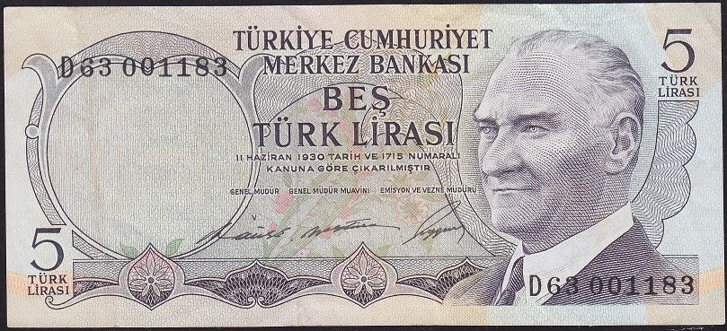 6.Emisyon 1.Tertip 5 Lira D63 001183 Çok Temiz+