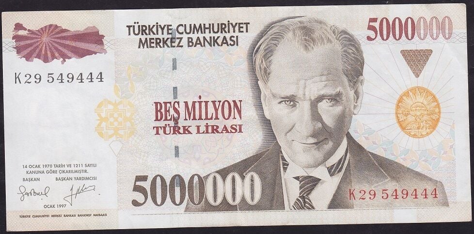 7.Emisyon 5.000.000 Lira K29 549444 Çok Çok Temiz