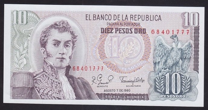 Kolombiya 10 Peso Oro 1980 Çil 68401777 Pick407g