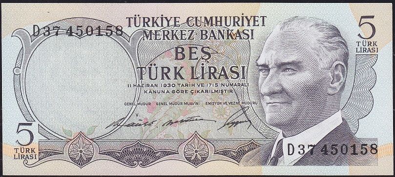 6.Emisyon 1.Tertip 5 Lira D37 450158 Çilaltı Çil