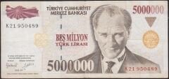 7.Emisyon 5000000 Lira K21 950489 Çok Temiz
