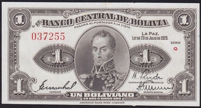 Bolivya 1 Boliviano 1928 Çilaltı Çil Pick 119