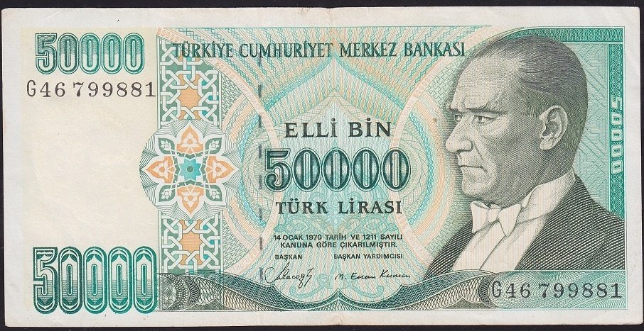 7.Emisyon 1.Tertip 50000 Lira G46 799881 Çok Temiz+