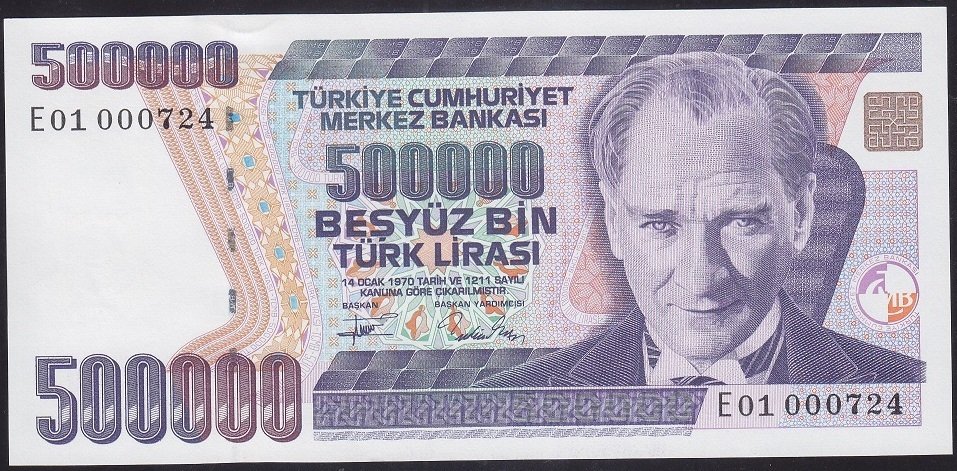 7.Emisyon 3.Tertip 500000 Lira E01 000724 Çil ( ilk Bin )