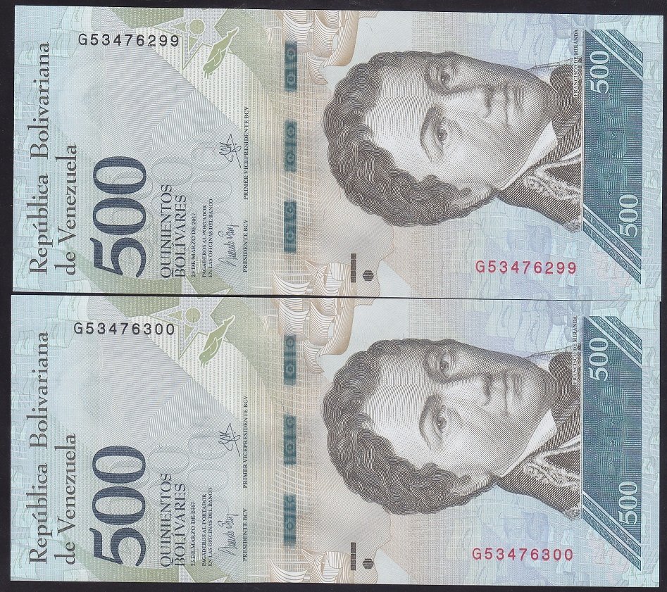 VENEZUELA 500 BOLİVARES 2017 ÇİL 299-300 SERİ TAKİPLİ (2 ADET)